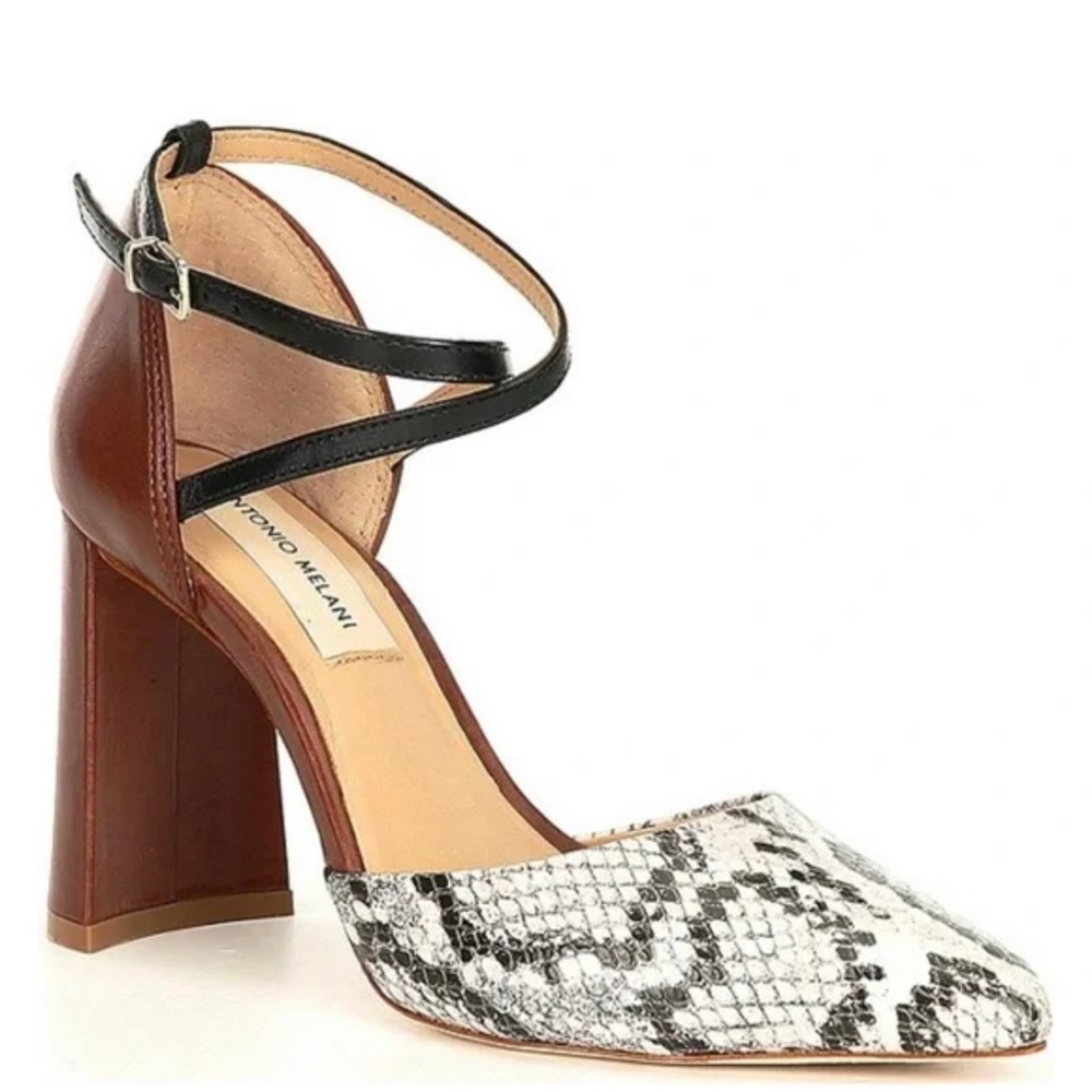 ANTONIO MELANI Brown Block Heel Pumps with Black Straps and Snakeskin Toe